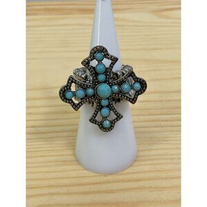 Vintage Style Turquoise and Silver Tonn Concho Cross Ring